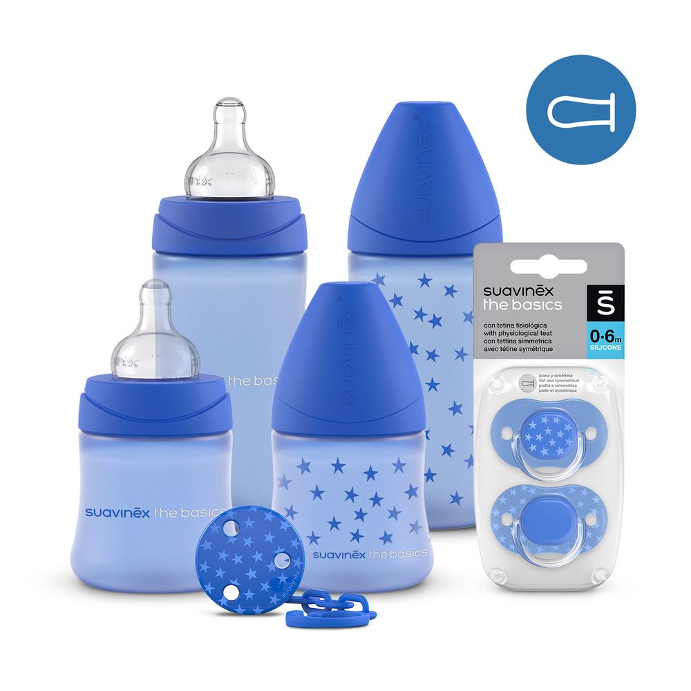 Packs The Basic Azul Mamaderas + broche y Chupete 0/6 meses